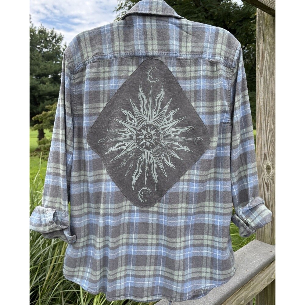 Upcycled Boho Flannel Shirt Blue Gray Plaid Celestial Sun Moon Soft Unisex XL